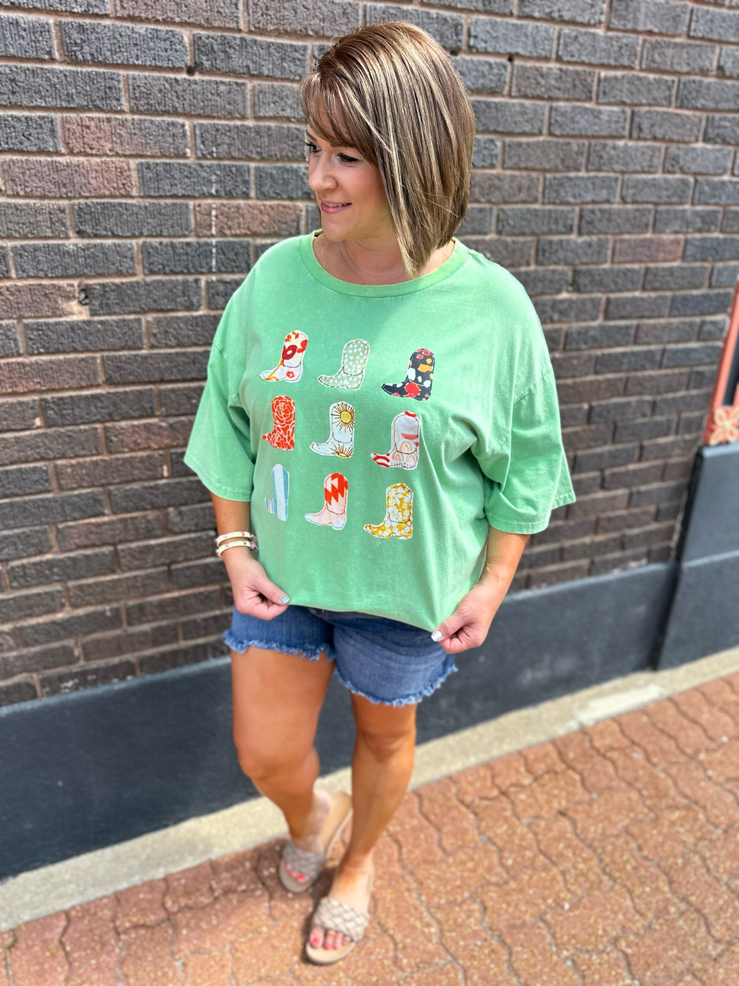 Apple Green Short Sleeve Boots Print Oversized Top Plus Size