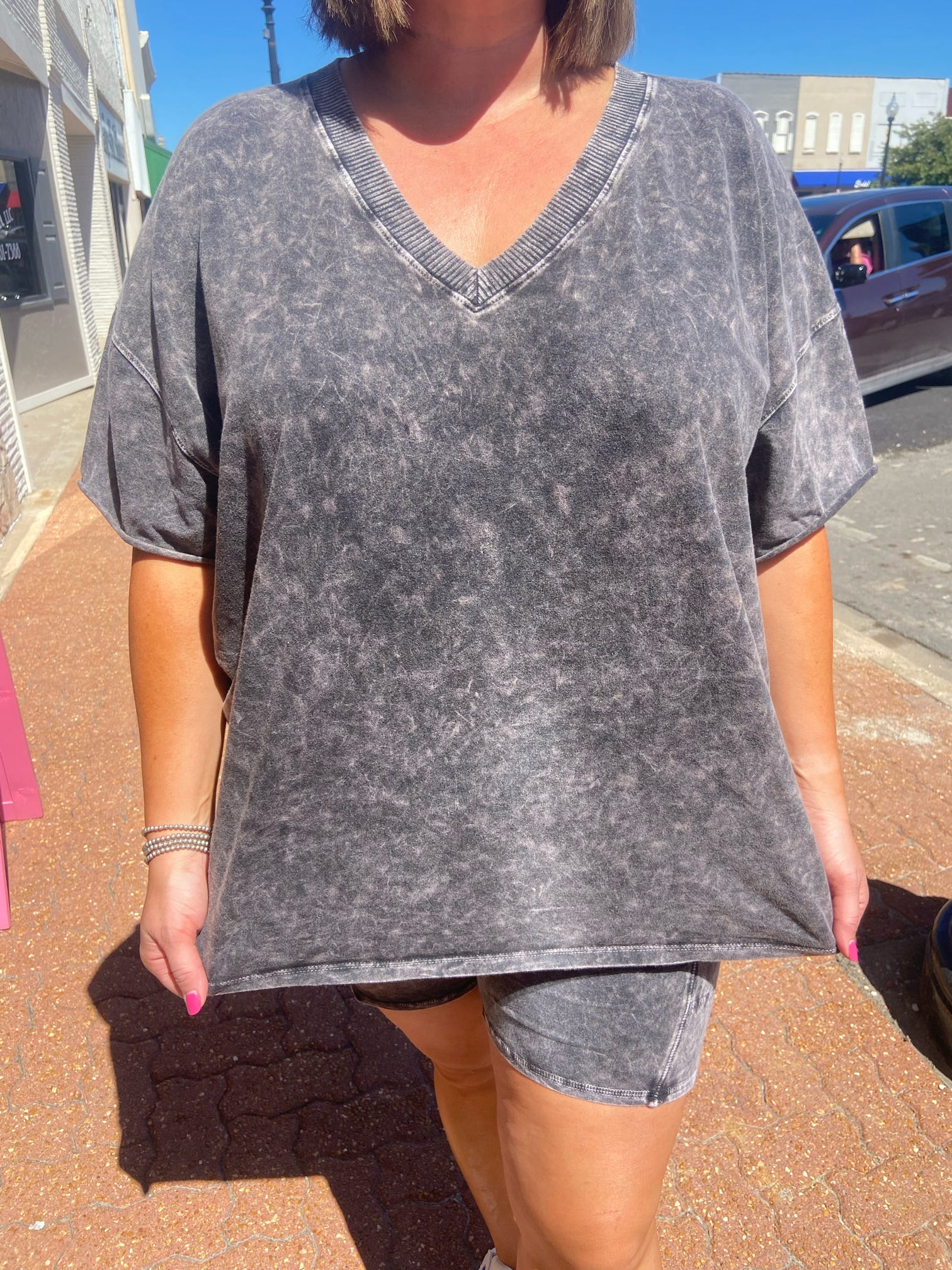 Ashed Black Mineral Wash V-Neck Basic Tee Plus Size
