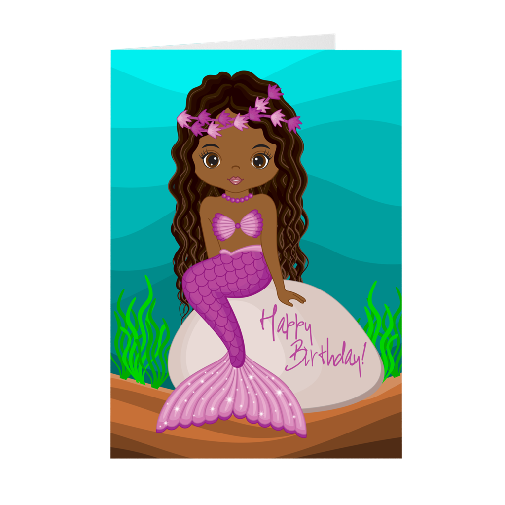 Purple AfricanAmerican Girl Mermaid Birthday Card Black Stationery