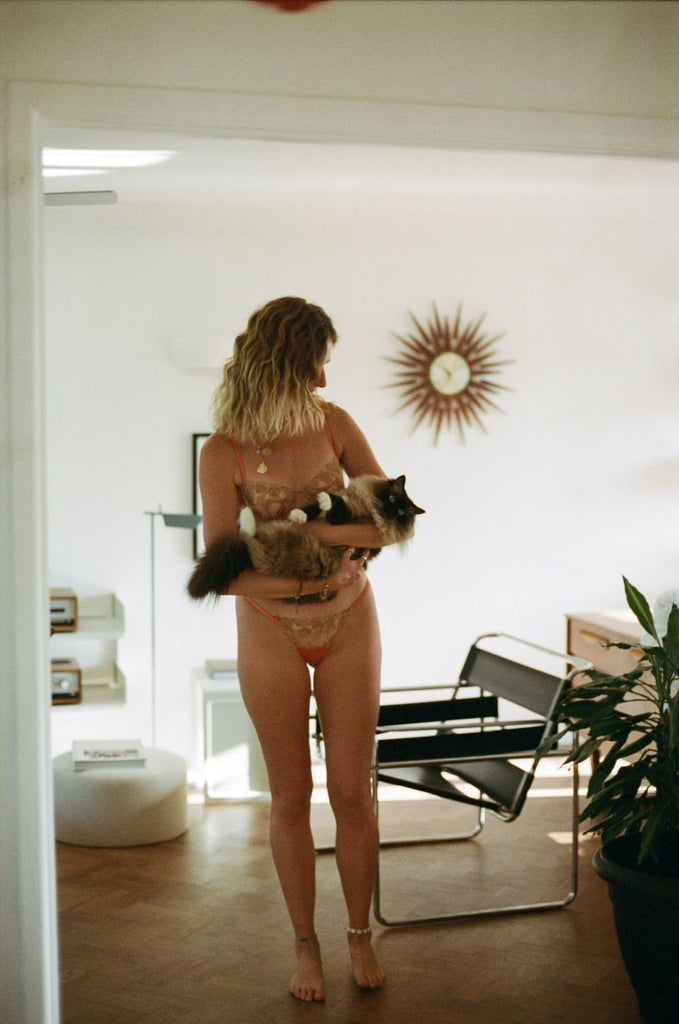 @paileaa wearing Posie lingerie and holding a cat
