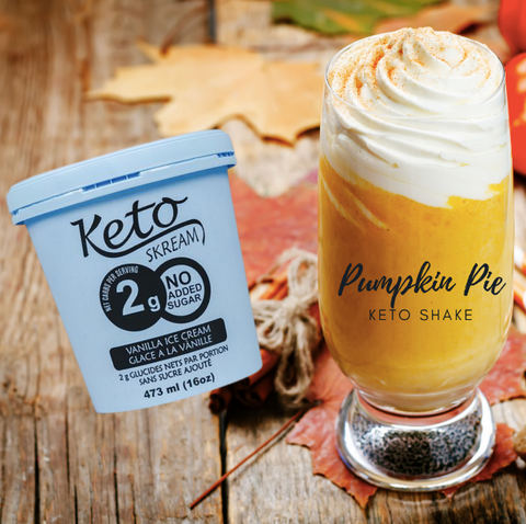 KetoSkream container with pumpkin shake in glass