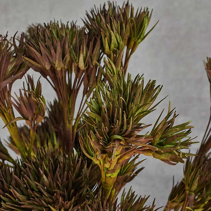 Variegated green and brown petals and leaves on an artificial thistle stem.