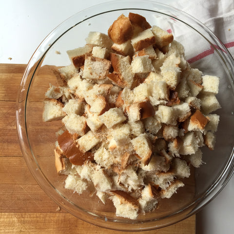 Bowl with small chunks of bread inside