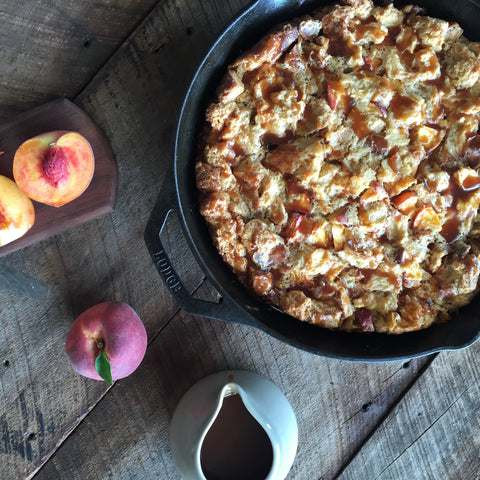 Completed peach bread pudding with bourbon caramel