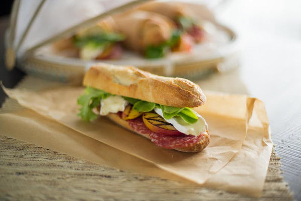 Picnic Hoagies with Chilled Grilled Peaches, Salami and Brie 