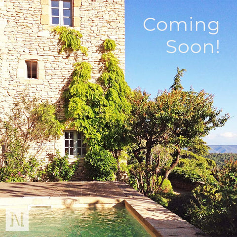 photo of outdoor swimming pool of sunny villa overlooking Provence France with text Coming Soon