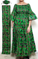 024 Women African Kente Long Smocked Dress/3 Piece Set- Green