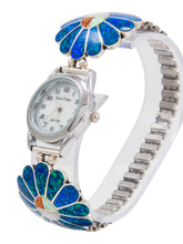 Load image into Gallery viewer, Zuni Native American Lab Opal Inlay Sunface Watch Tips by Denise Siutza SKU231761