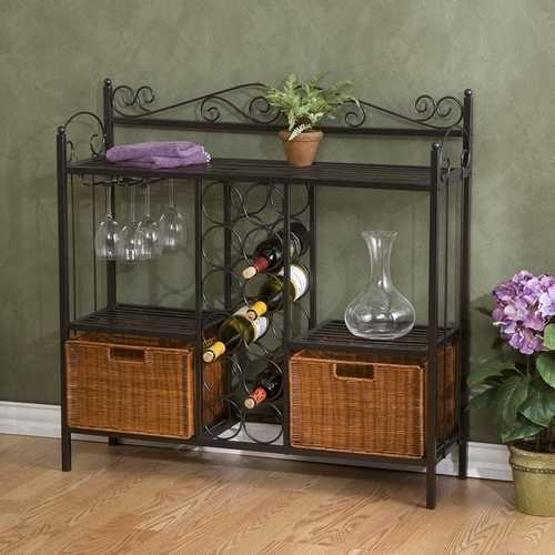 Kitchen Dining Baker S Rack With Wine Storage And Rattan Baskets