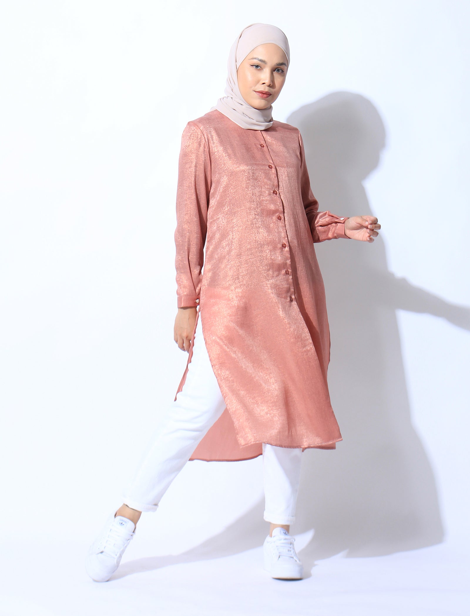 Crepe Metallic Shirtdress - Rose Gold