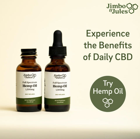 Two bottles of full spectrum hemp oil from Jimbo & Jules