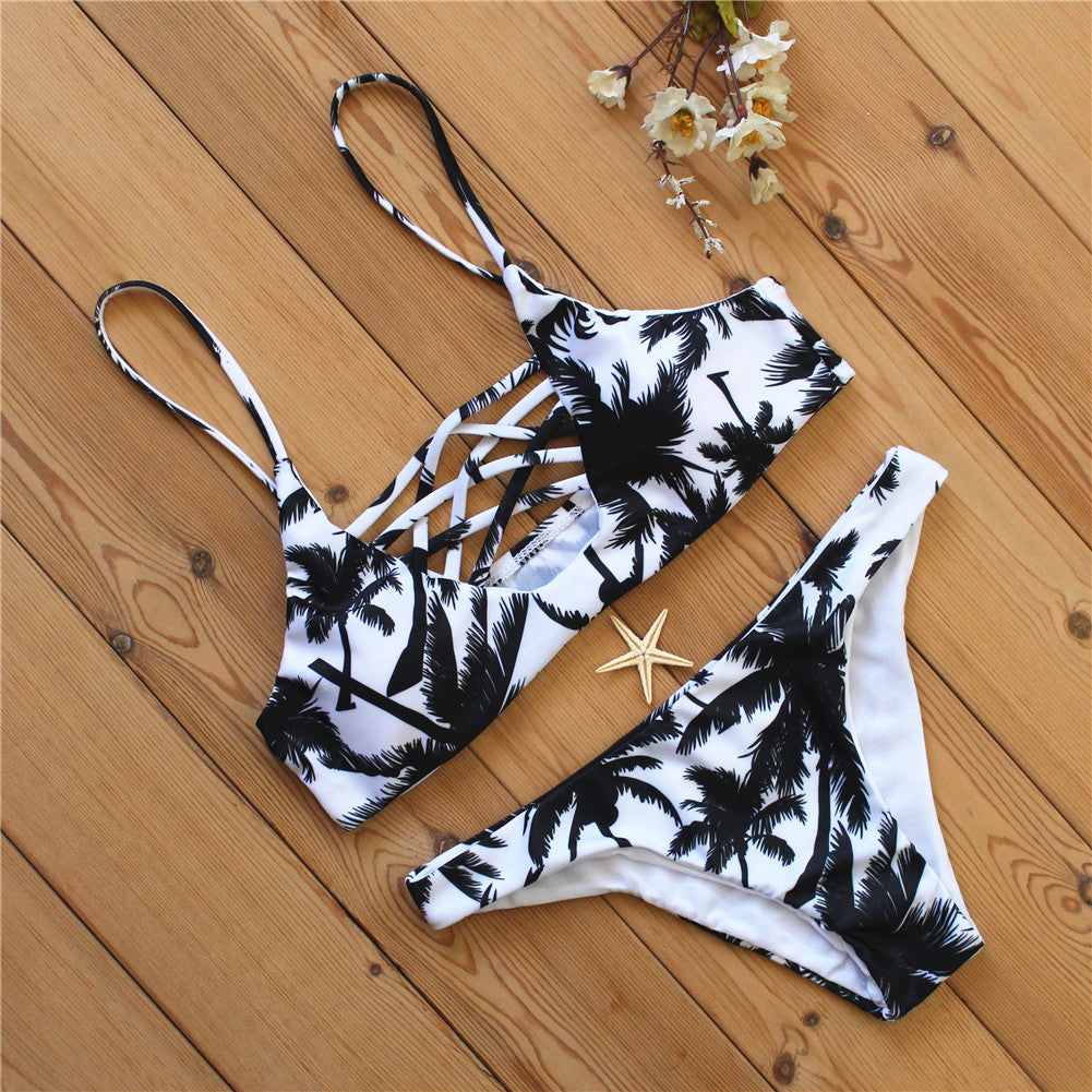 Bikinis Women 2017 Palm Tree Push Up Swimwear Halter Criss Cross Back