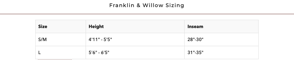 FRANKLIN WILLOW SIZES