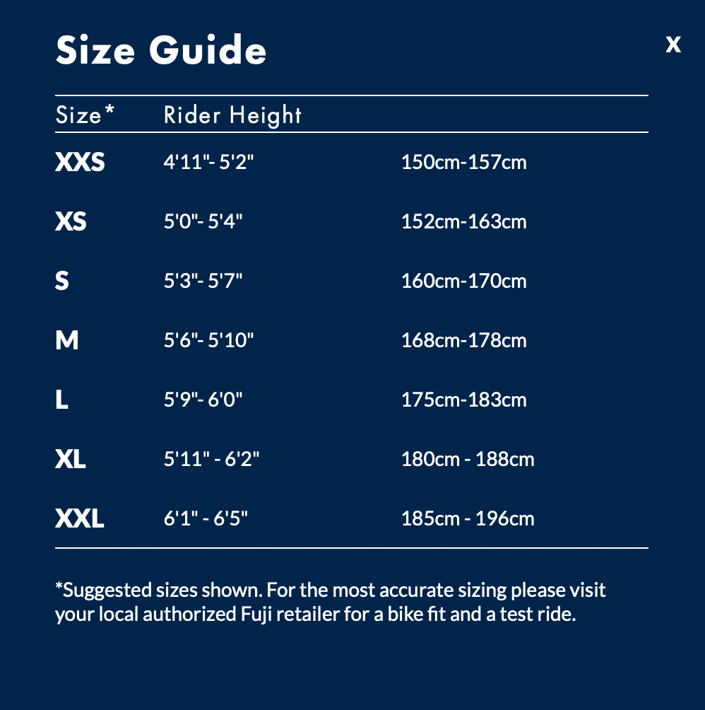 Fuji Size Chart xxs xl