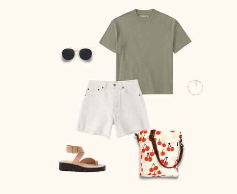 Summer outfit inspiration, shorts and t-shirt, MAIKA goods cherries bag