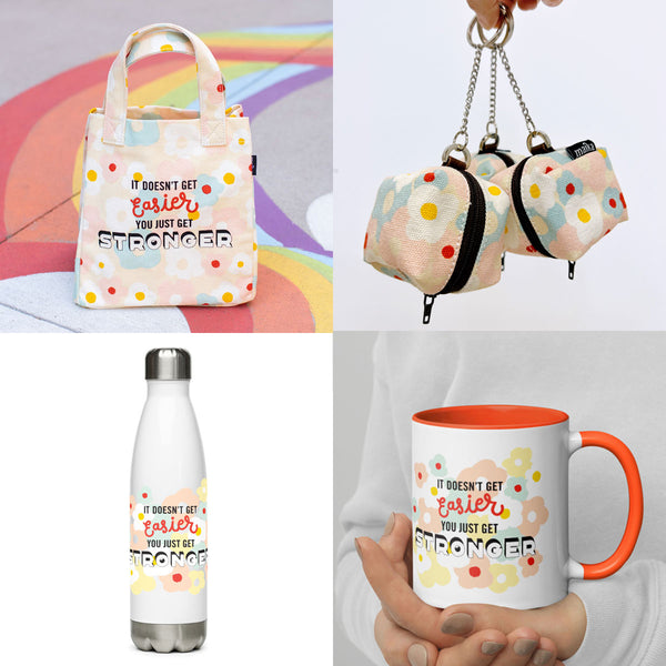 Montage of Maika's Wish Lunch tote, key rings, water bottle and mug