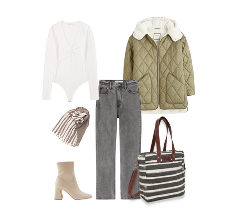 MAIKA goods flat lay winter outfit + charcoal stripes commuter tote and Big sur scarf