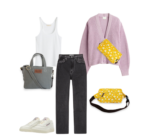 Casual outfit consisting of a lavender cardigan, black jeans, and white tank top paired with white shoes and a variety of bags to choose from. There is a small gray bag and yellow flower print fanny pack.