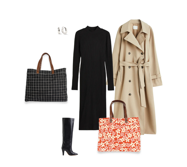 Outfit consisting of 2 big bags (carryall totes from MAIKA goods), black dress, boots, and trench coat. 
