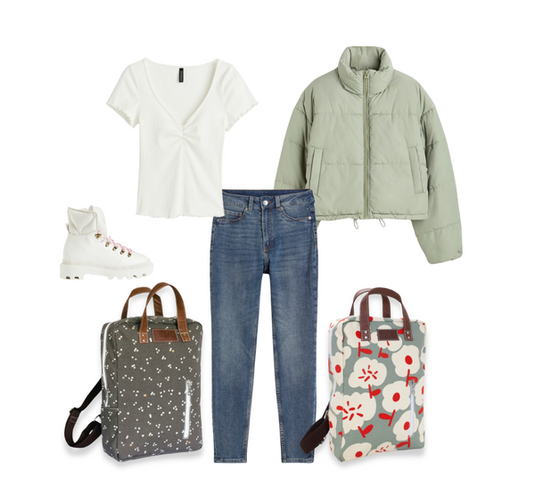 Top, jacket, jeans, and shoes outfit with 2 backpacks: one with a gray pattern, on with flowers.