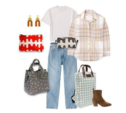 Flat-lay of a fall/winter outfit with multiple MAIKA goods bags.