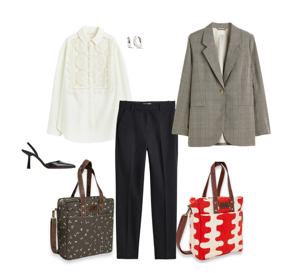 Outfit consisting of blouse, blazer, heels, and trousers. There are two bags; one with a gray pattern; one with a red and white pattern.