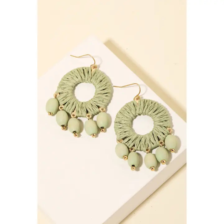 Wooden Bead Fringe Paper Hoop Drop Earrings Mint