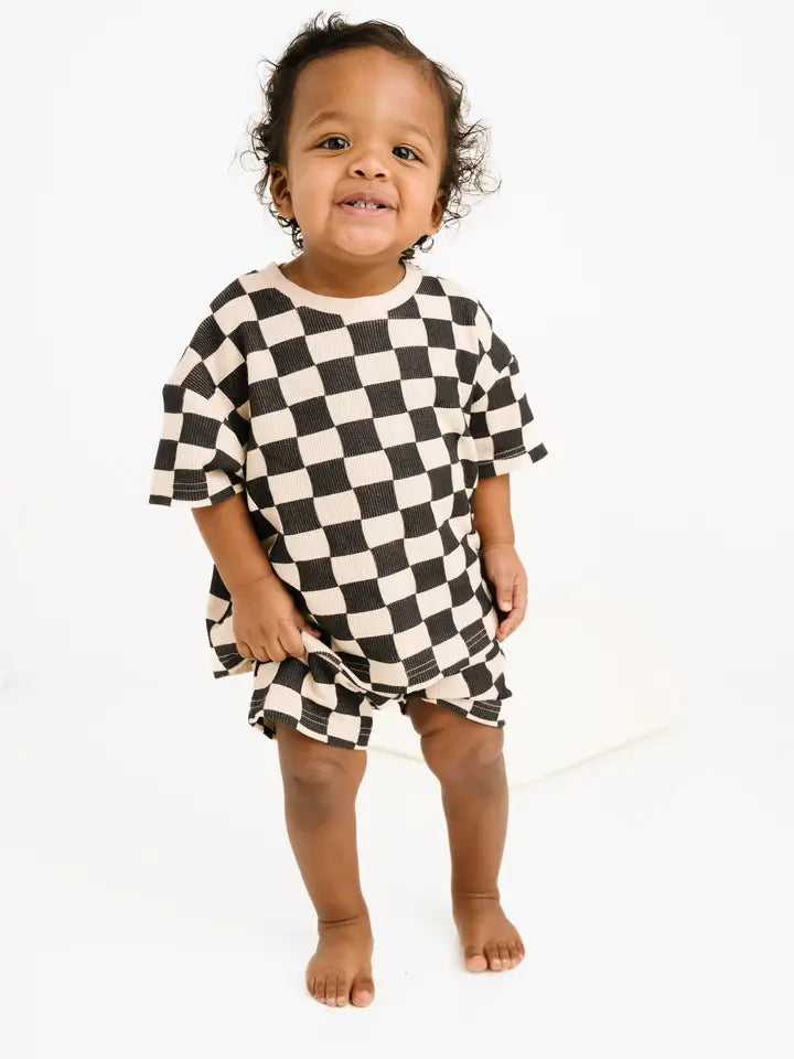 Black Checkered Waffle Bamboo Shorts Set