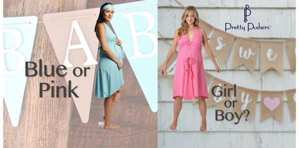 Gender reveal idea with a Pretty Pushers labor gown