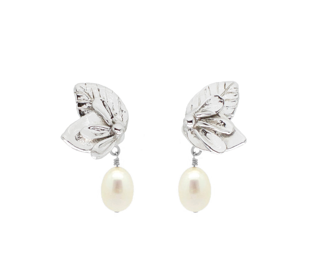 Silver Leaf Pearl Drop Earrings – ALB Designs