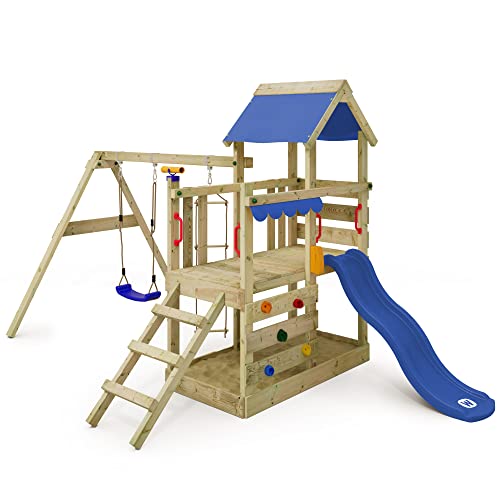 Outdoor Wooden Climbing Frame with Slide, Swing, Climbing Wall and