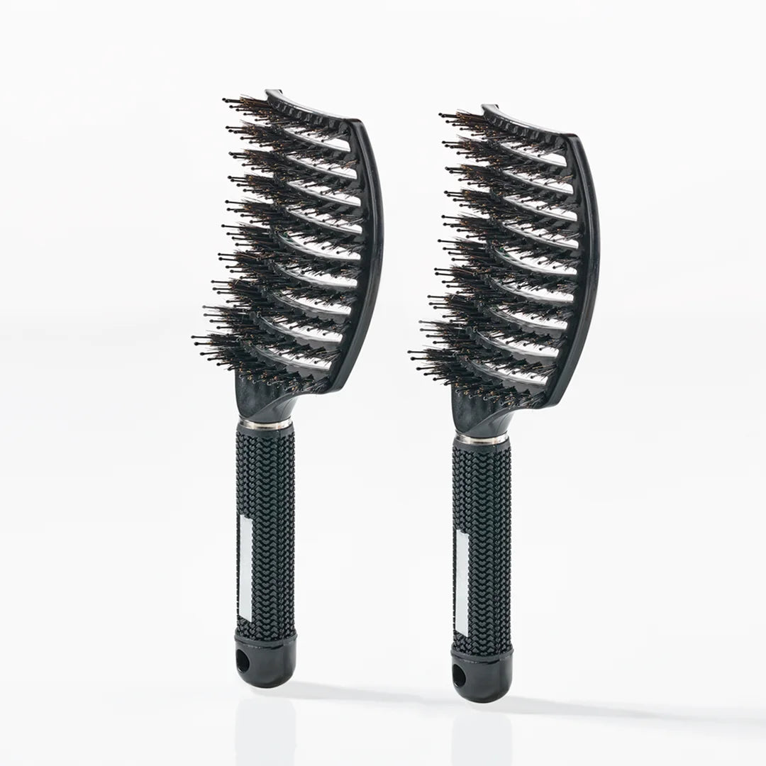 Se Curved Paddle Brush - Hårbørste med vildsvinehår - 2 stk Sort (Spar 12%) hos Yuaia Haircare