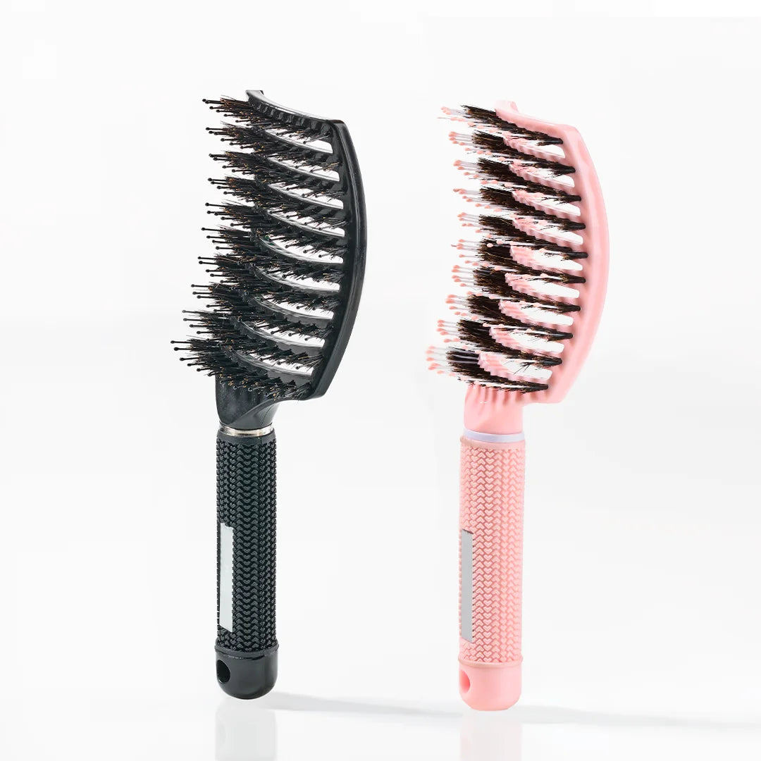 Billede af Curved Paddle Brush - Hårbørste med vildsvinehår - Sort + Lyserød (Spar 12%)