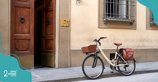 A bike outside of work with a pannier for commuting attached