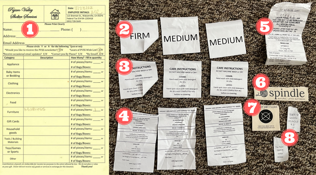 Items for Spindle refund. Proof of donation receipt, white law tag, Spindle labels, Spindle tags