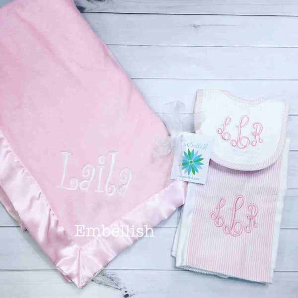 Personalized Pink Baby Blanket with Bib and Burp Set – Preppy ...