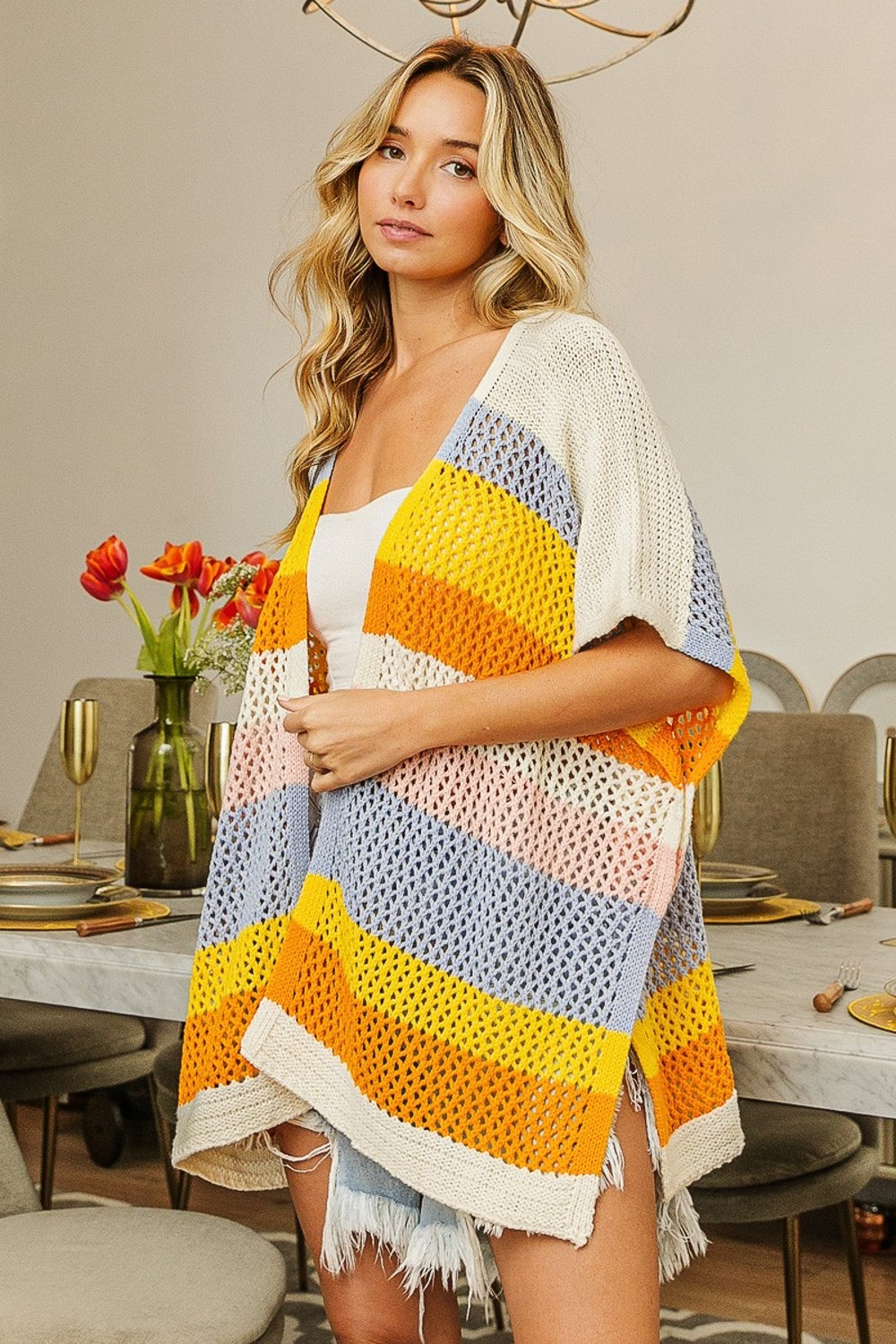 Multicolor Striped Open Front Knit Cardigan