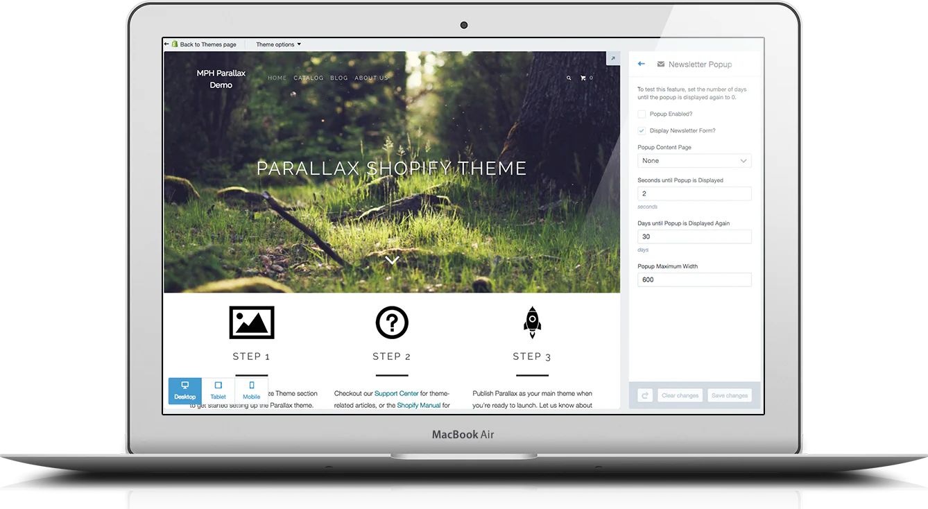 Shopify theme newsletter subscription form theme options