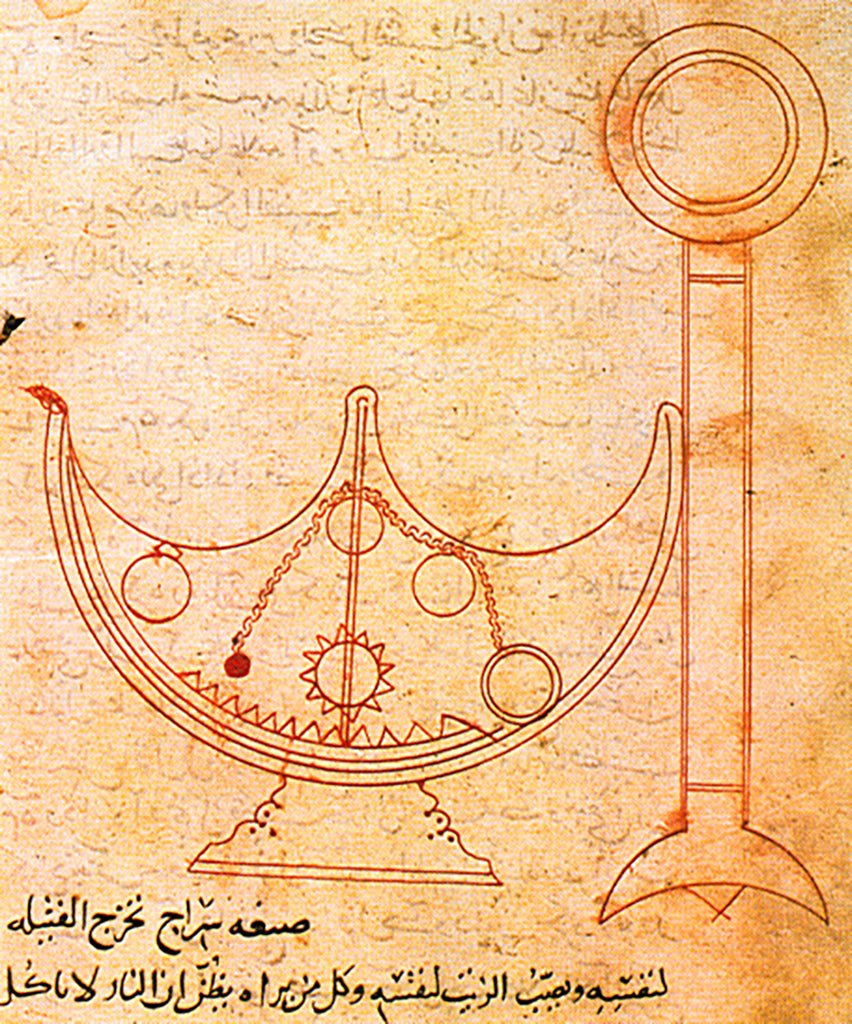 Drawing of Self Trimming Lamp from The Book of Ingenious Devices by The Banu Musa Brothers