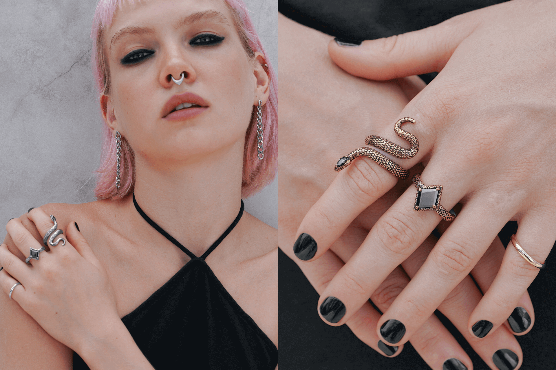 Pink haired woman wearing the Penelope, the Axon Chain, the Sorcerer, the Blake Lake, and the Syd Classic Stacker Ring.