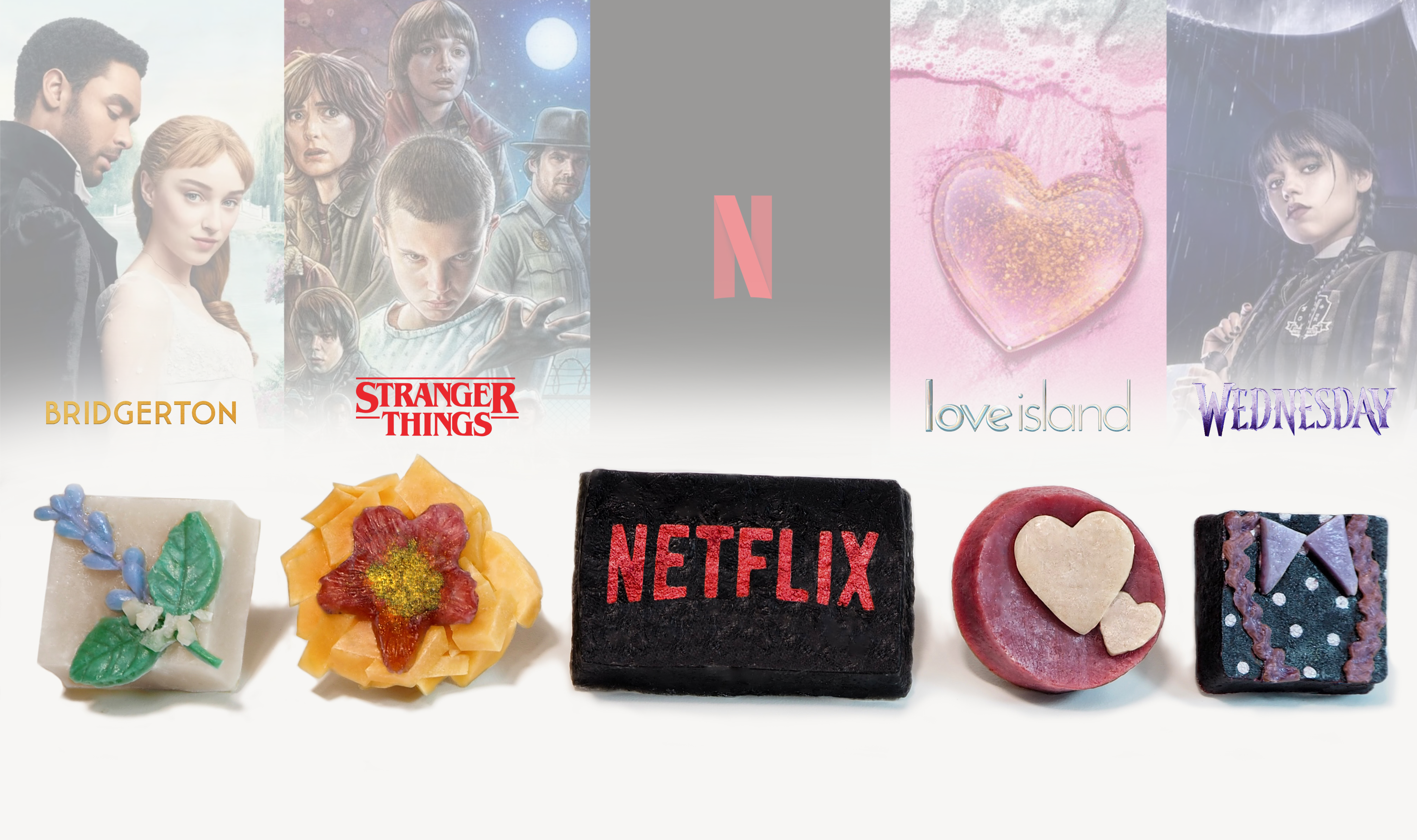 
The image shows a creative display of sweets, each representing a different television show available on Netflix. From left to right, the shows and their corresponding sweets are: 