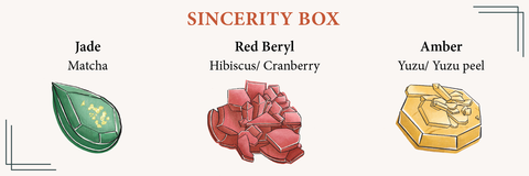 The image presents a graphic titled "SINCERITY BOX" with illustrations of three candy gems, each associated with a particular flavor. The first candy, "Jade," is depicted in a rich green color and is matcha flavored. The second, "Red Beryl," shows a cluster of red crystals suggesting the flavors of hibiscus and cranberry. The third illustration is "Amber," a golden gem-like candy, linked to the citrusy flavors of yuzu and yuzu peel. The candies are elegantly portrayed, hinting at a refined and thoughtful selection of treats within this "SINCERITY BOX".