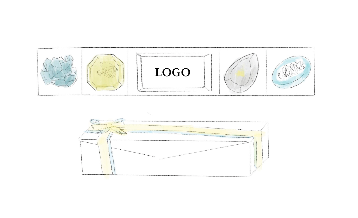 illustratio n of Example 1 giftbox. 1 logo piece is in the center and 4 misaky sweets