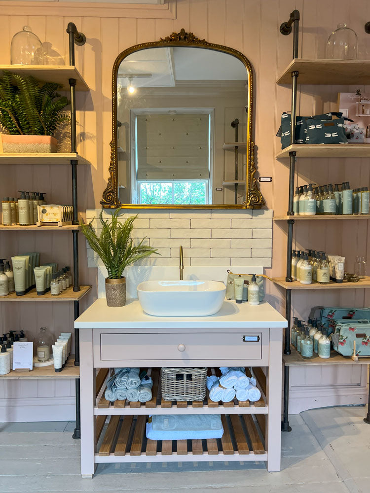 Sophie Allport Stamford Shop with bathroom vanity unit and sink painted in Sophie Allport blush pink paint