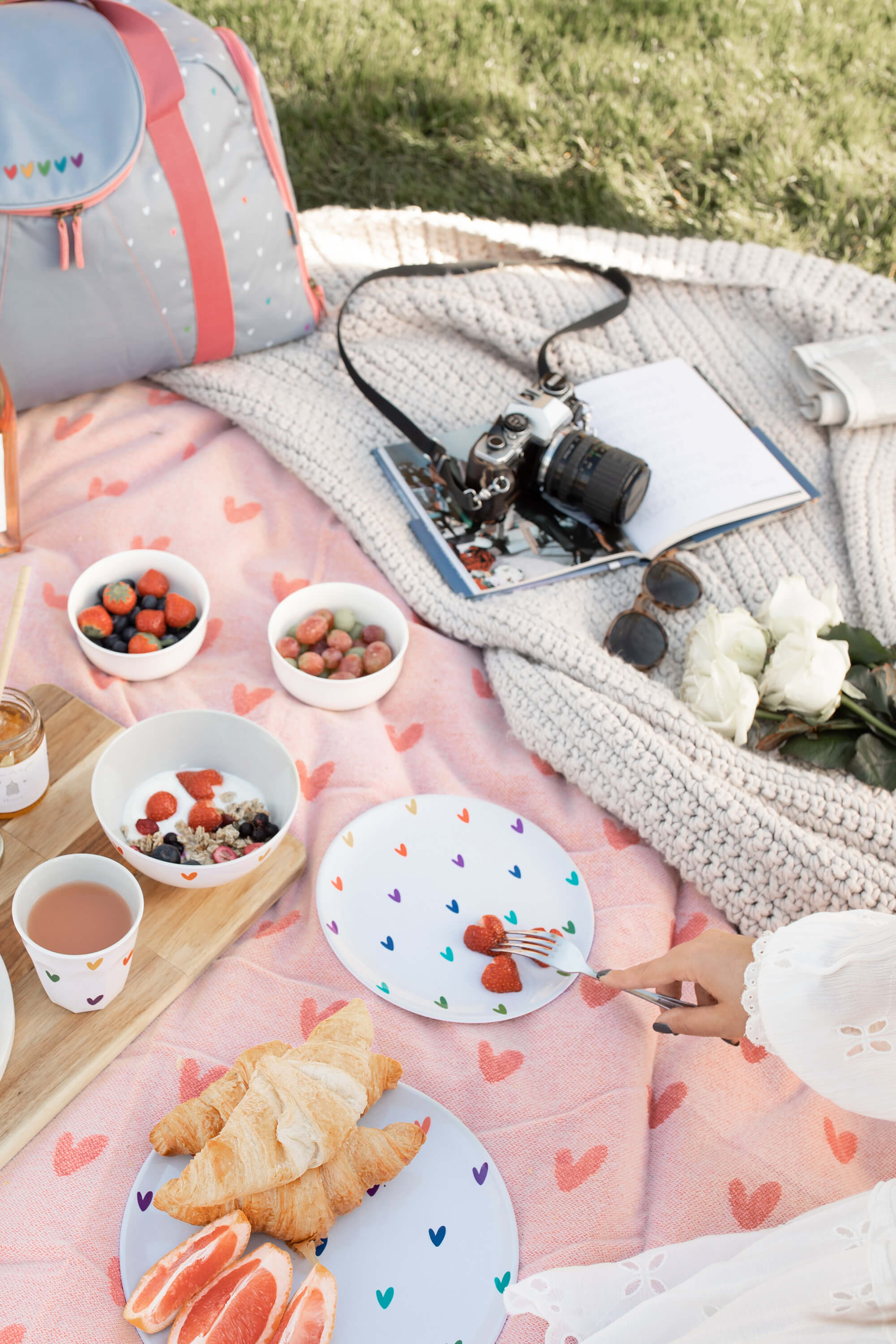 Picnic set up in the park with summer fruit