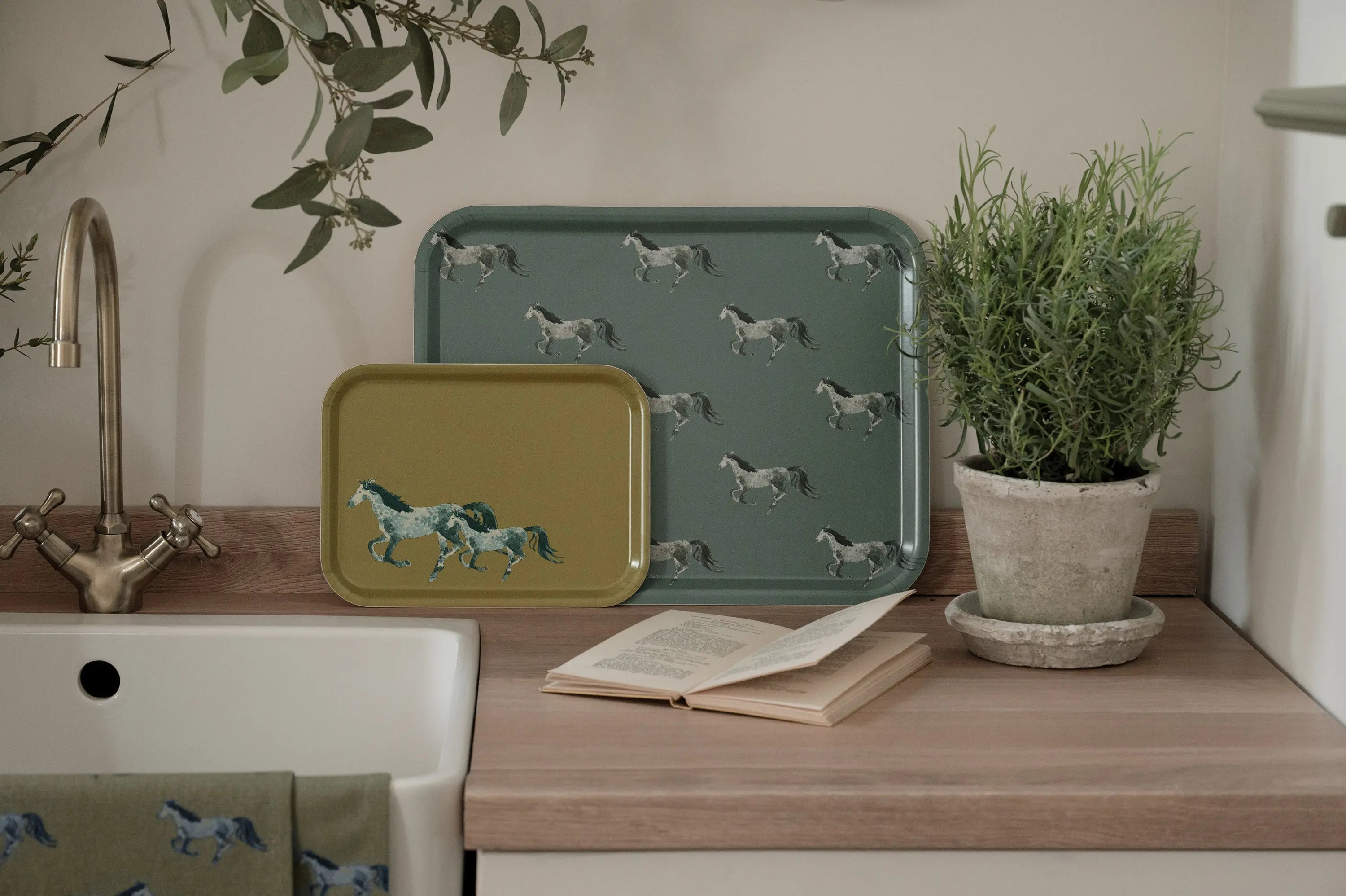 Small, large tray with grey horse design by Sophie Allport