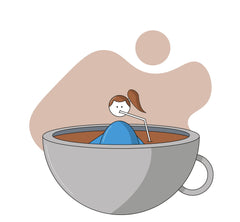 Illustration of woman working from home sitting in a coffee cup