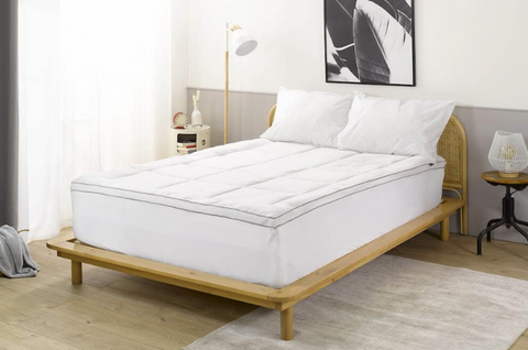 Photo of a white, quilted, pillow top mattress topper on a bed.