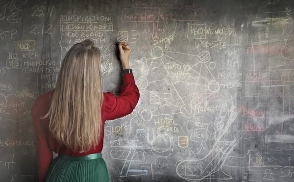 Woman writing on a chalkboard