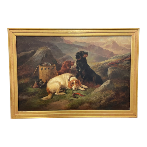 19th Century Oil Painting Gun Dogs Guarding The Days Shoot John Morris